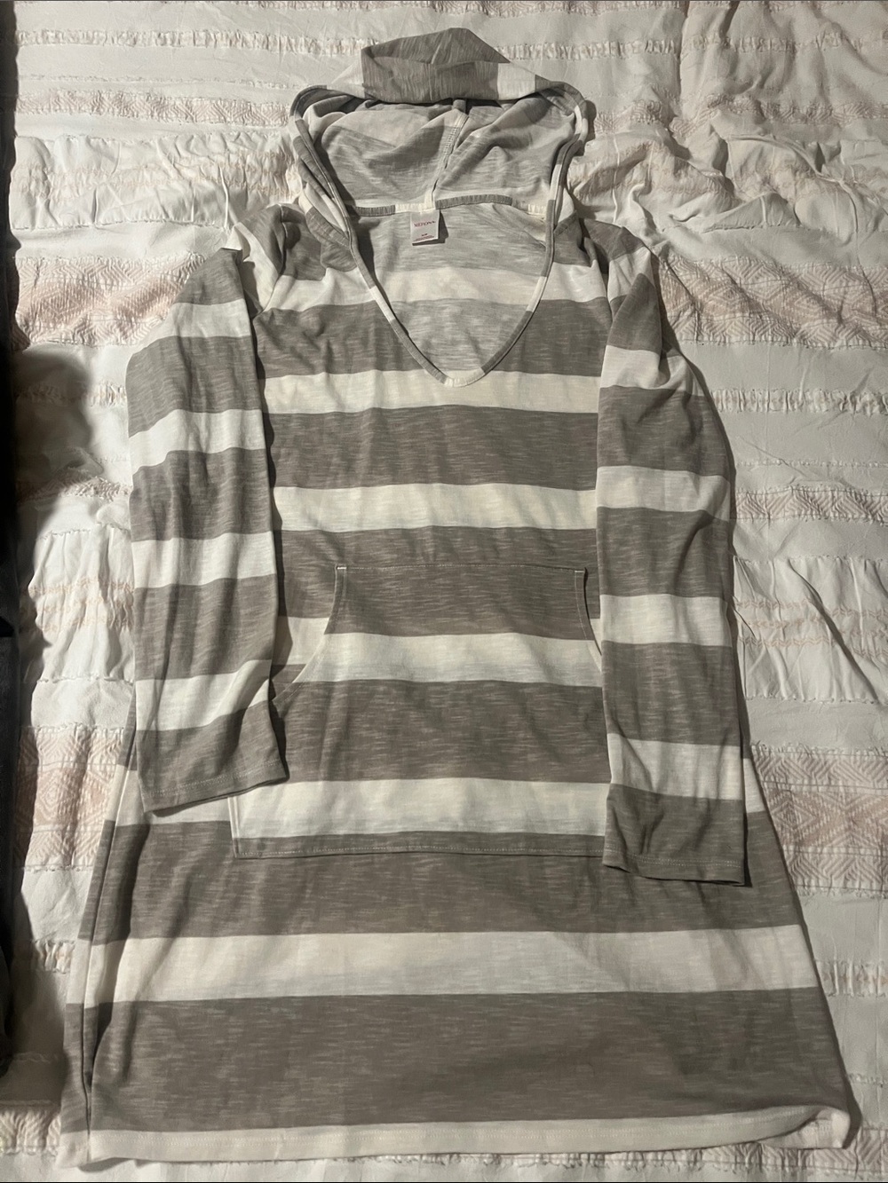 Striped Hooded Swim coverup in Grey and White